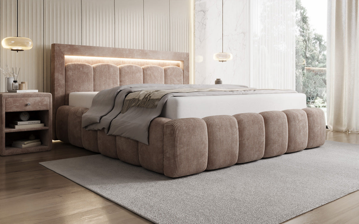 Designer-Polsterbett Lume aus Cord mat Stauraum an RGB-Beliichtung
