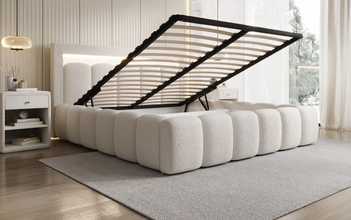 Designer-Polsterbett Lume aus Teddy-Bouclé mat Stauraum a RGB-Beliichtung