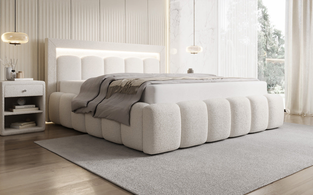 Designer-Polsterbett Lume aus Teddy-Bouclé mat Stauraum a RGB-Beliichtung