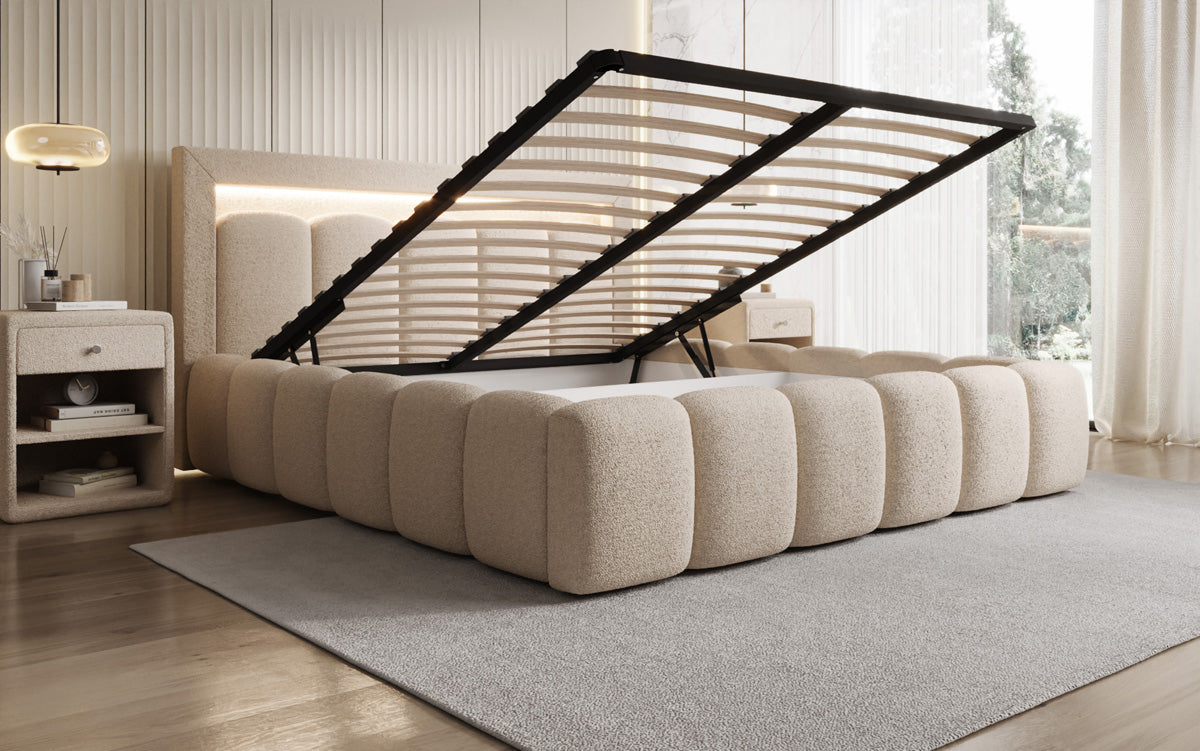 Designer-Polsterbett Lume aus Teddy-Bouclé mat Stauraum a RGB-Beliichtung