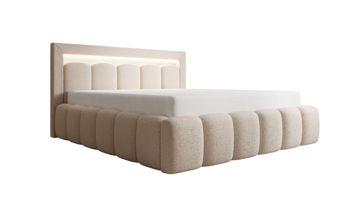 Designer-Polsterbett Lume aus Teddy-Bouclé mat Stauraum a RGB-Beliichtung