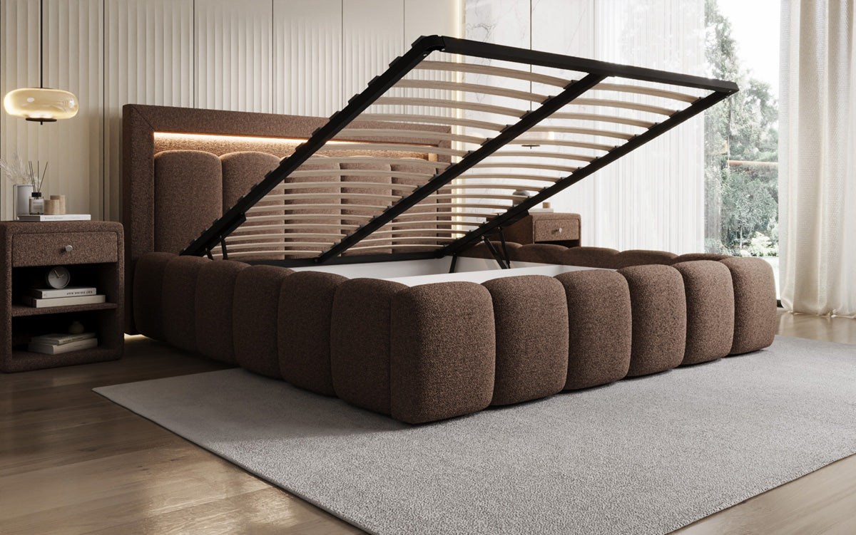 Designer-Polsterbett Lume aus Teddy-Bouclé mat Stauraum a RGB-Beliichtung