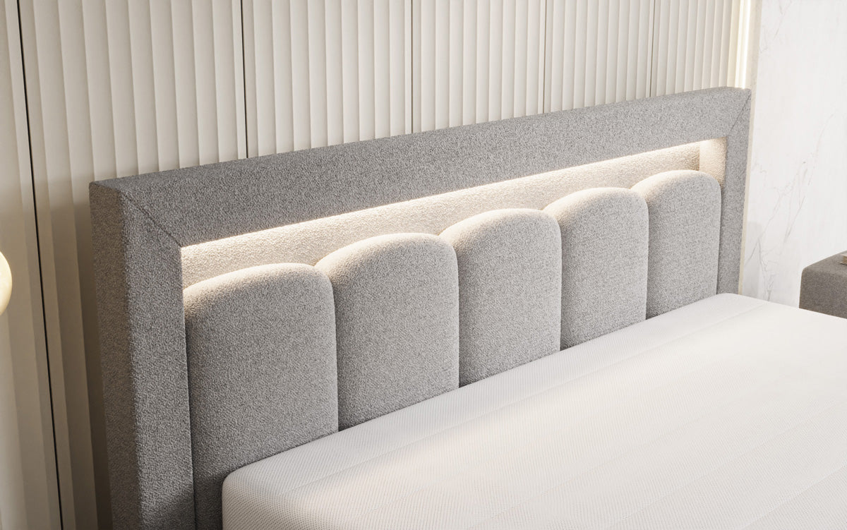 Designer-Polsterbett Lume aus Teddy-Bouclé mat Stauraum a RGB-Beliichtung