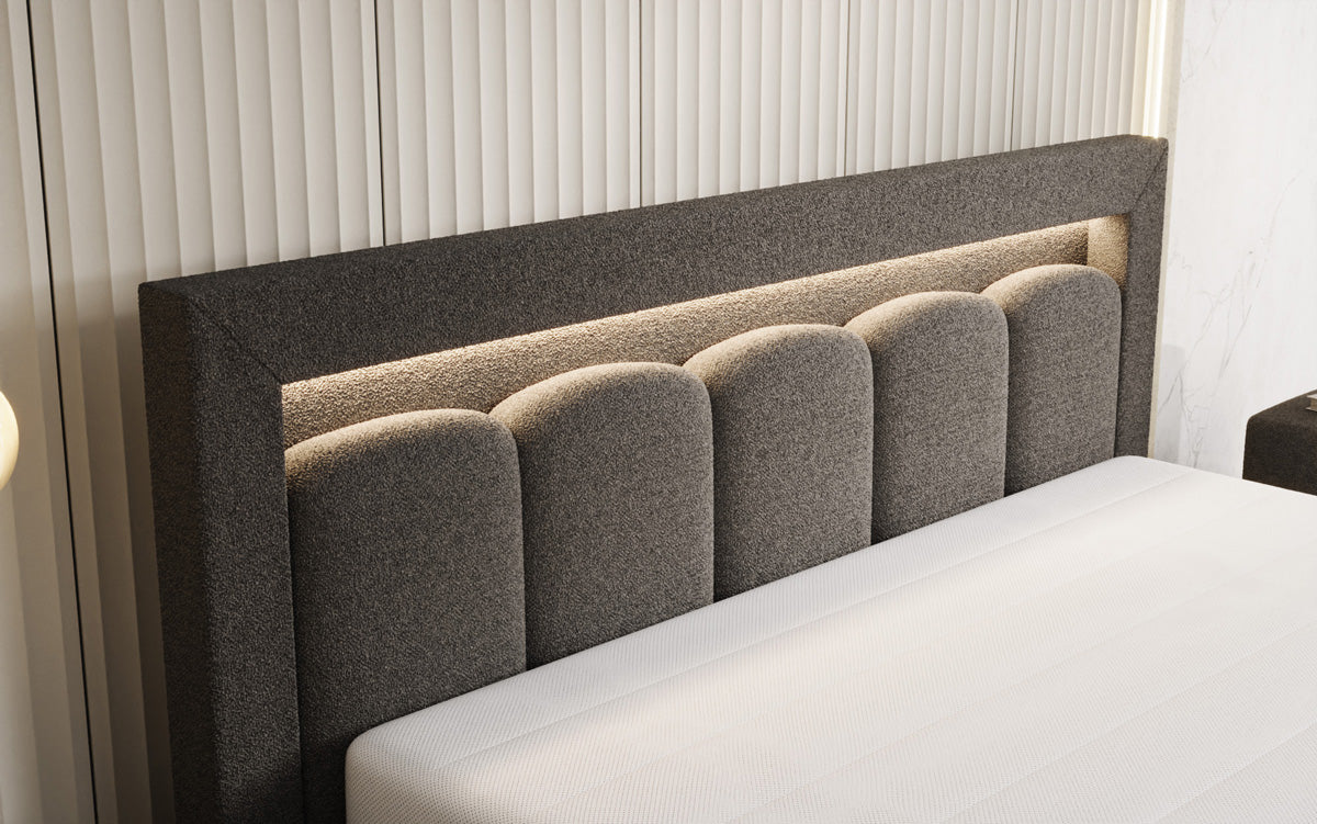 Designer-Polsterbett Lume aus Teddy-Bouclé mat Stauraum a RGB-Beliichtung