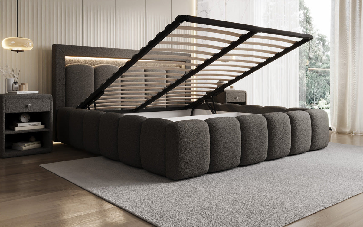 Designer-Polsterbett Lume aus Teddy-Bouclé mat Stauraum a RGB-Beliichtung