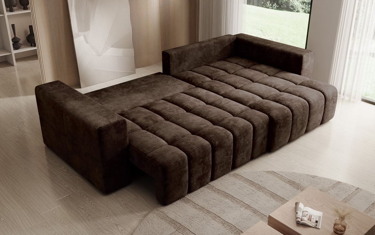 Designer Ecksofa Momo mit Schlaf- und Klappfunktion in Cord