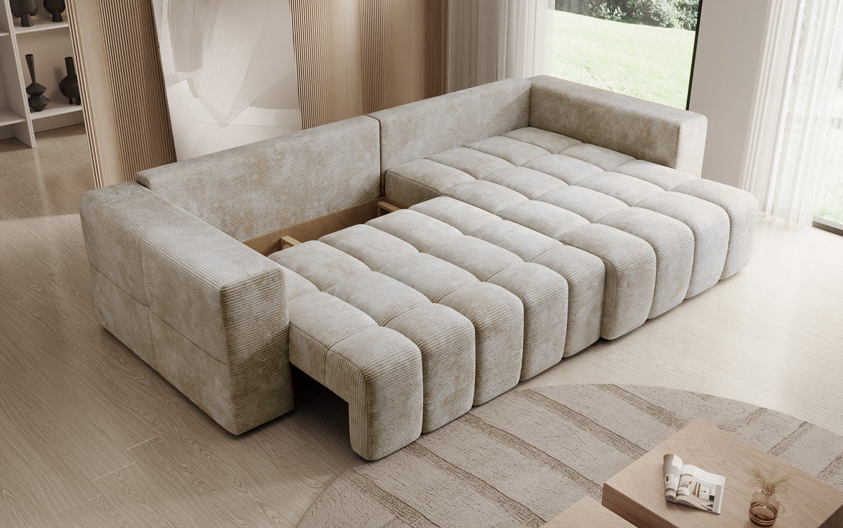 Designer Ecksofa Momo mit Schlaf- und Klappfunktion in Cord