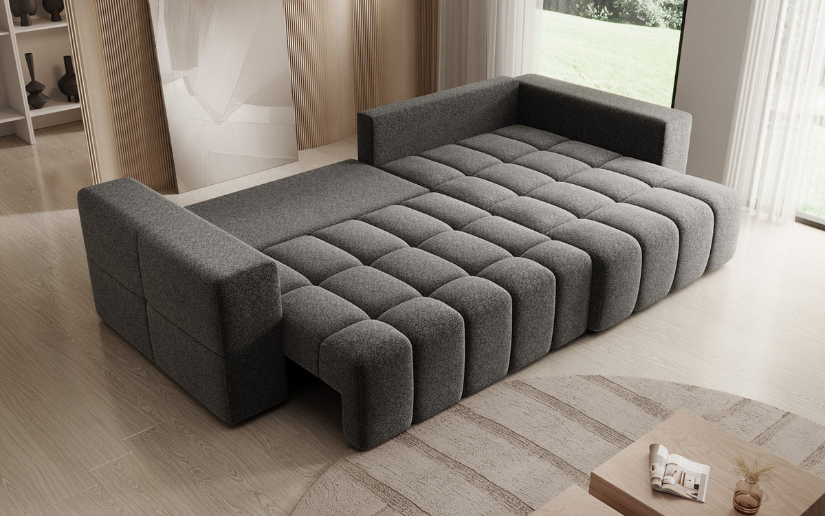 Designer Ecksofa Momo mit Schlaf- und Klappfunktion in Strukturstoff
