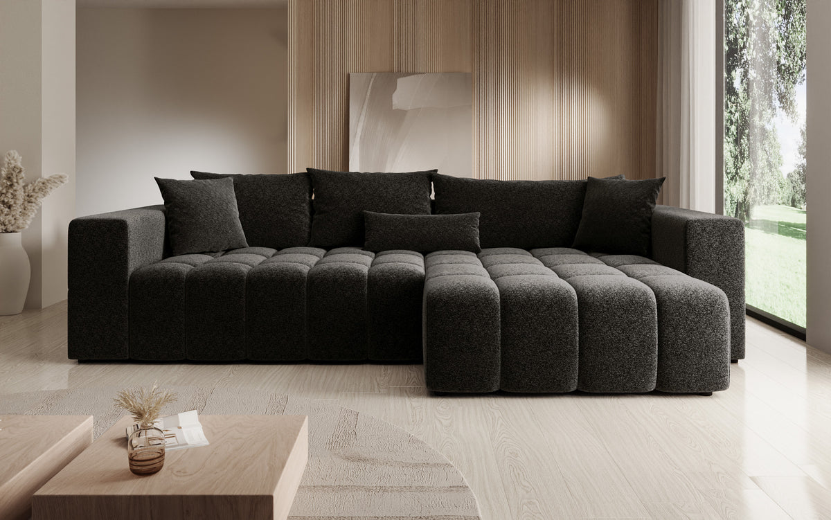 Designer Ecksofa Momo mit Schlaf- und Klappfunktion in Strukturstoff
