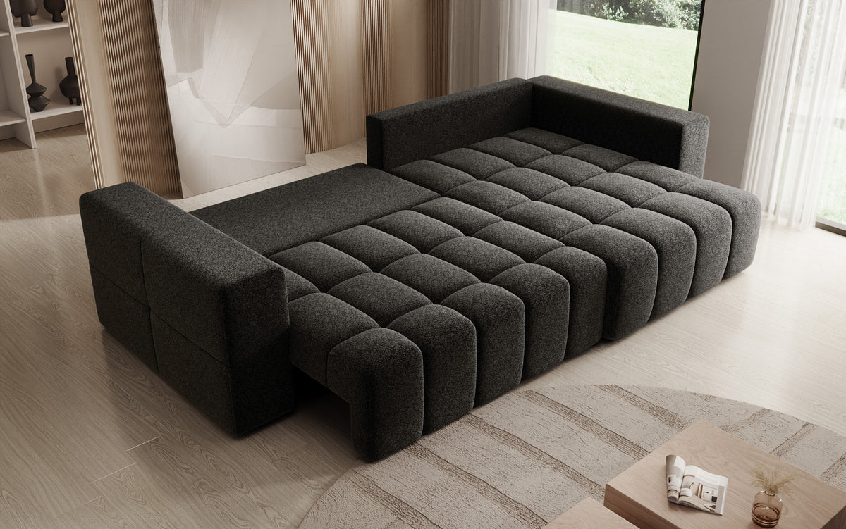 Designer Ecksofa Momo mit Schlaf- und Klappfunktion in Strukturstoff