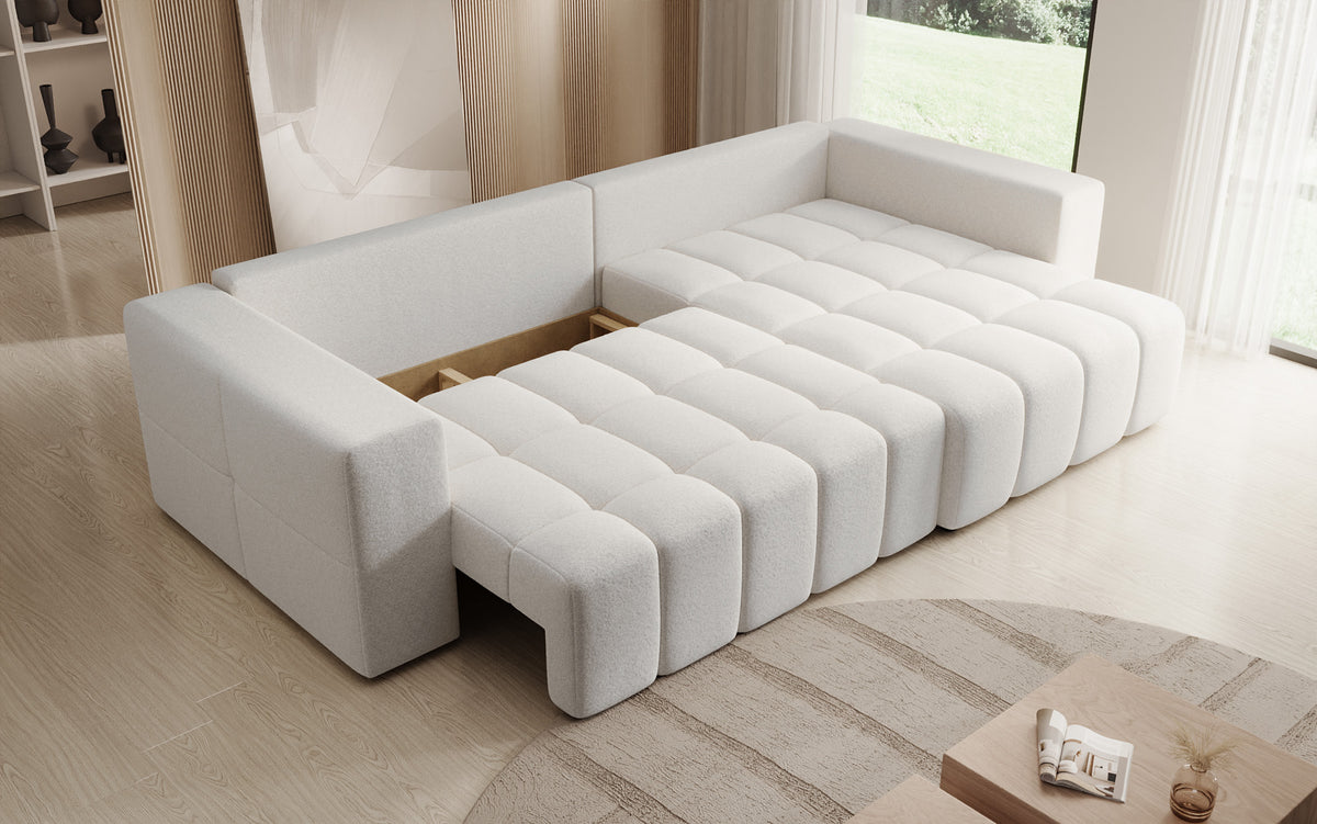 Designer Ecksofa Momo mit Schlaf- und Klappfunktion in Strukturstoff