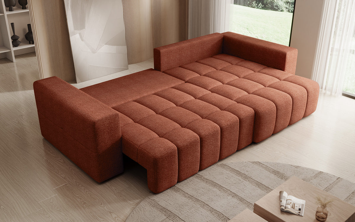 Designer Ecksofa Momo mit Schlaf- und Klappfunktion in Strukturstoff