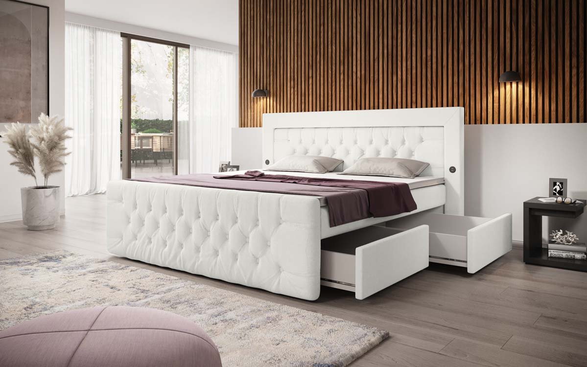 Boxspringbett Diva Bouclé mat USB, LED an 2 Schubladen