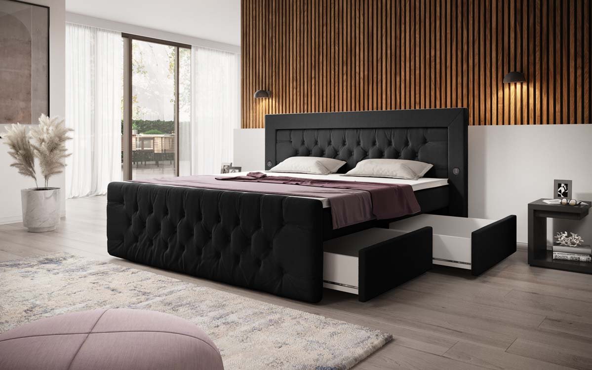 Boxspringbett Diva Bouclé mit USB, LED und 2 Schubalden