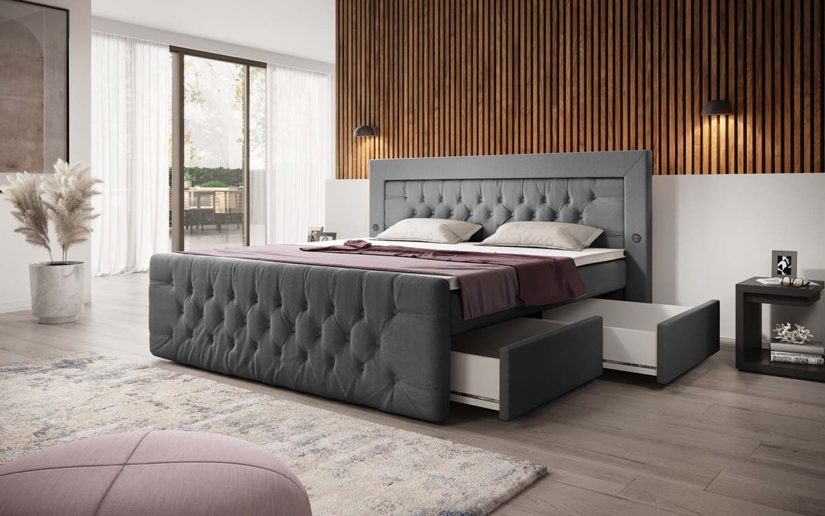 Boxspringbett Diva Bouclé mit USB, LED und 2 Schubalden