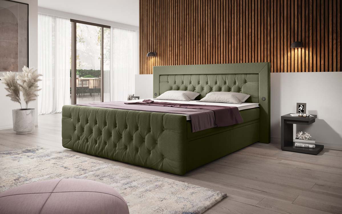 Boxspringbett Diva Bouclé mit USB, LED und 2 Schubalden