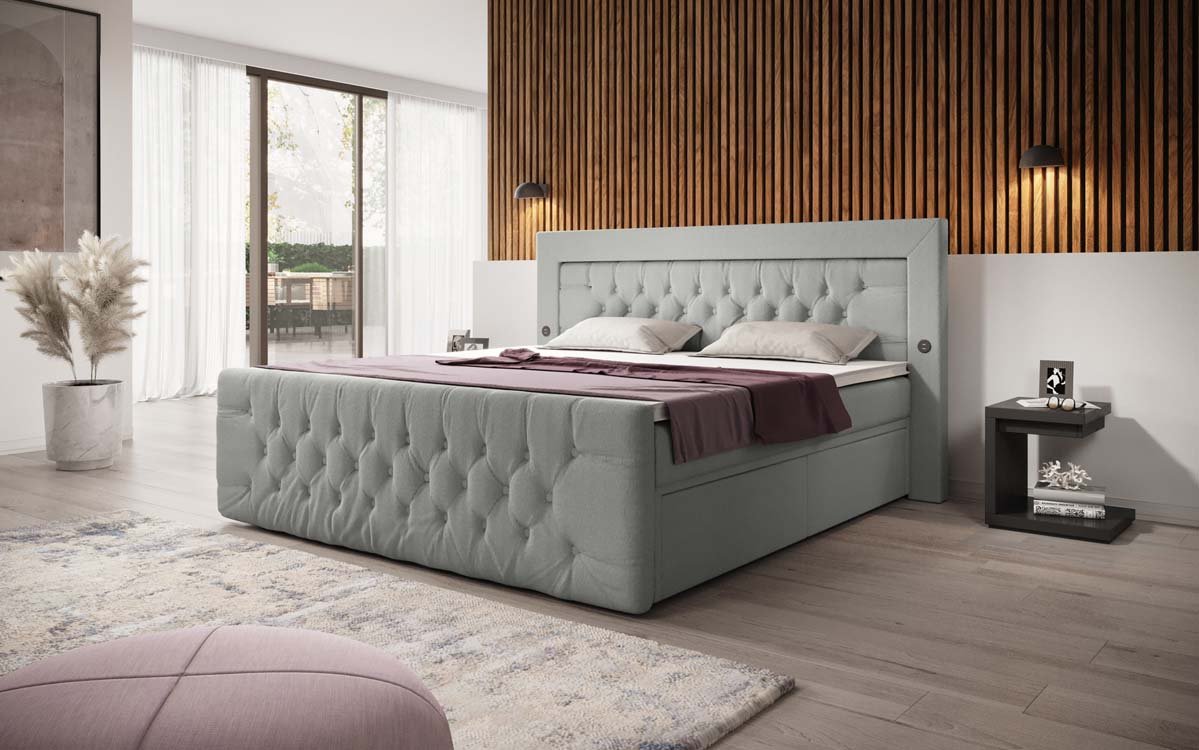 Boxspringbett Diva Bouclé mit USB, LED und 2 Schubalden