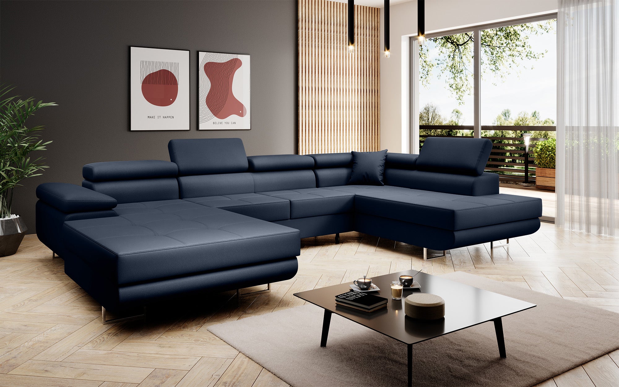 Designer Sofa Lago mat Schloof- an Zouschloof-Funktioun a Kënschtlechem Lieder