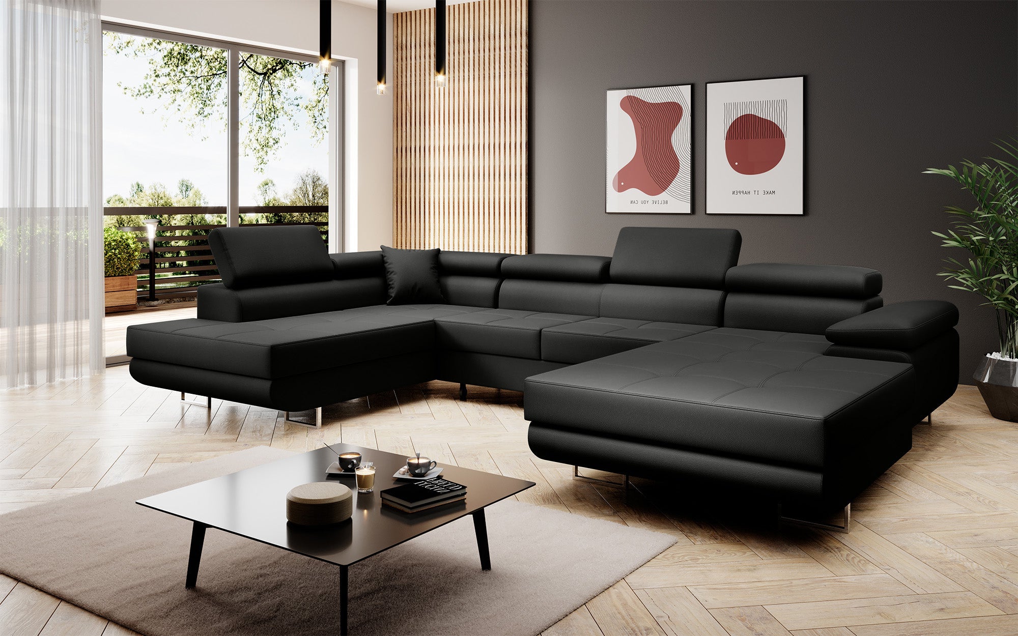 Designer Sofa Lago mat Schloof- an Zouschloof-Funktioun a Kënschtlechem Lieder