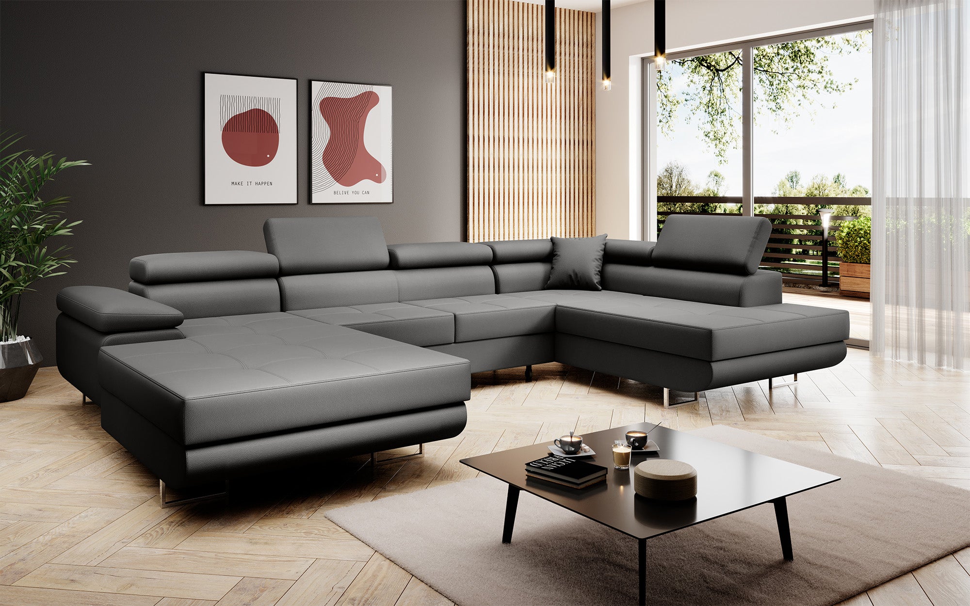 Designer Sofa Lago mat Schloof- an Zouschloof-Funktioun a Kënschtlechem Lieder