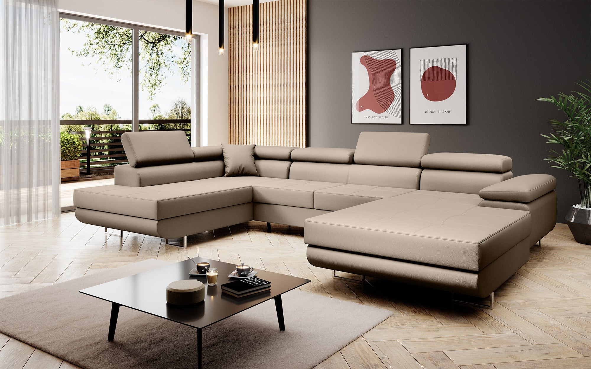 Designer Sofa Lago mat Schloof- an Zouschloof-Funktioun a Kënschtlechem Lieder