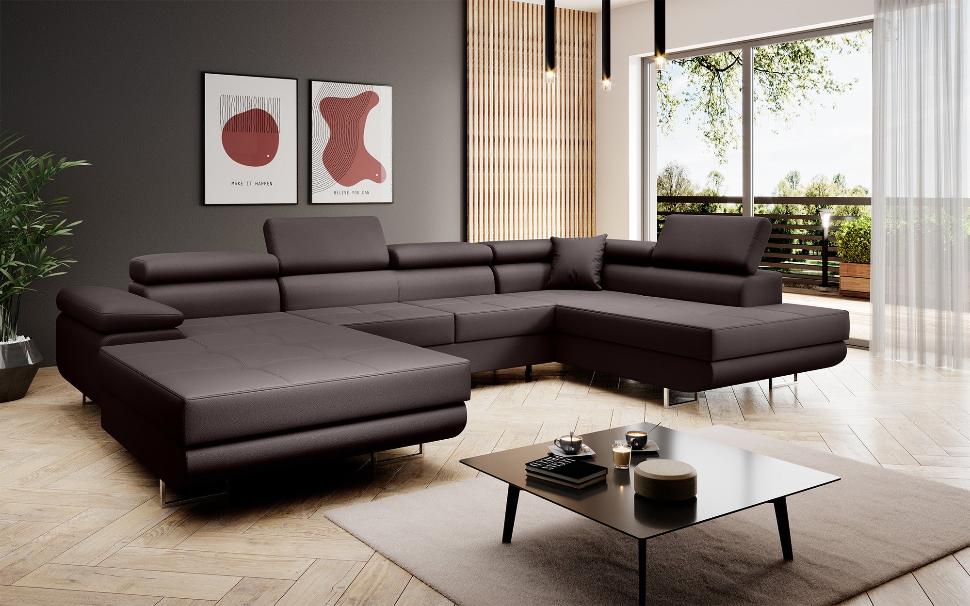Designer Sofa Lago mat Schloof- an Zouschloof-Funktioun a Kënschtlechem Lieder