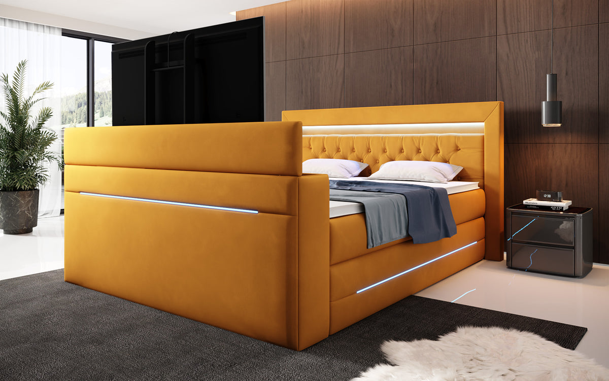 Boxspringbett Pluto mat TV Lift, RGB an Stauraum