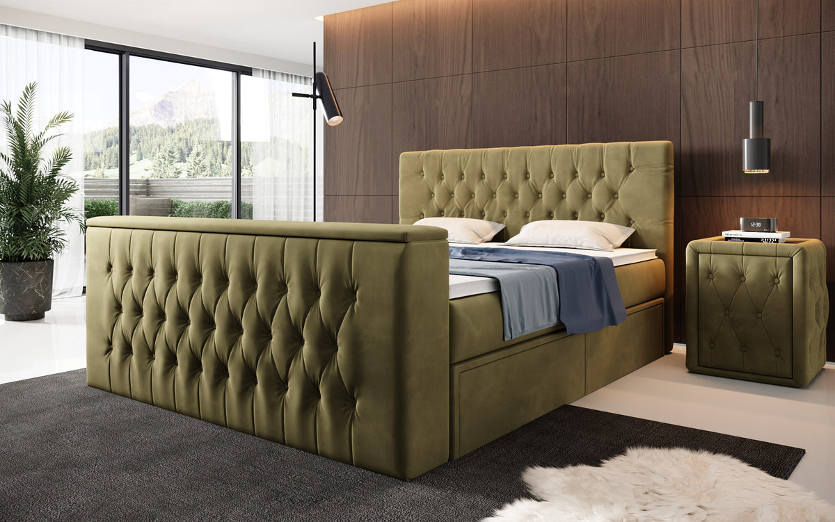 Boxspringbett Vulnero mat TV Lift an Stauraum (2 Schubladen)