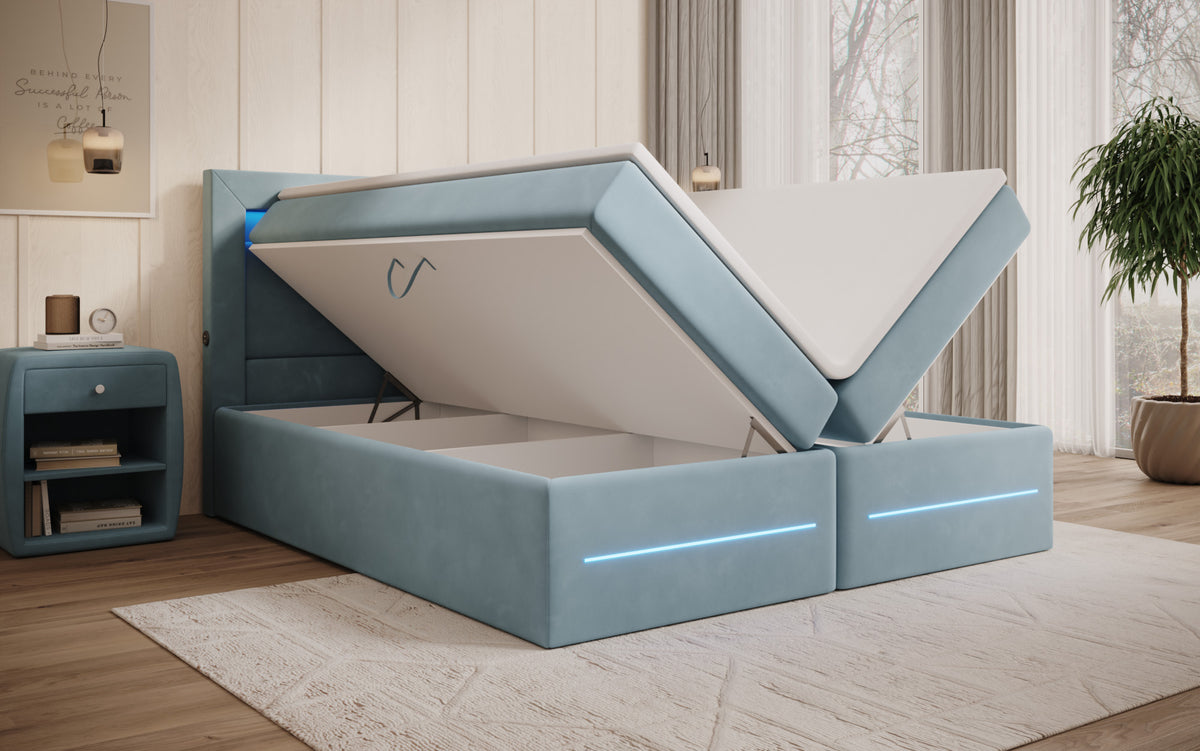 Boxspringbett Minera mat LED, USB an Späicherplatz