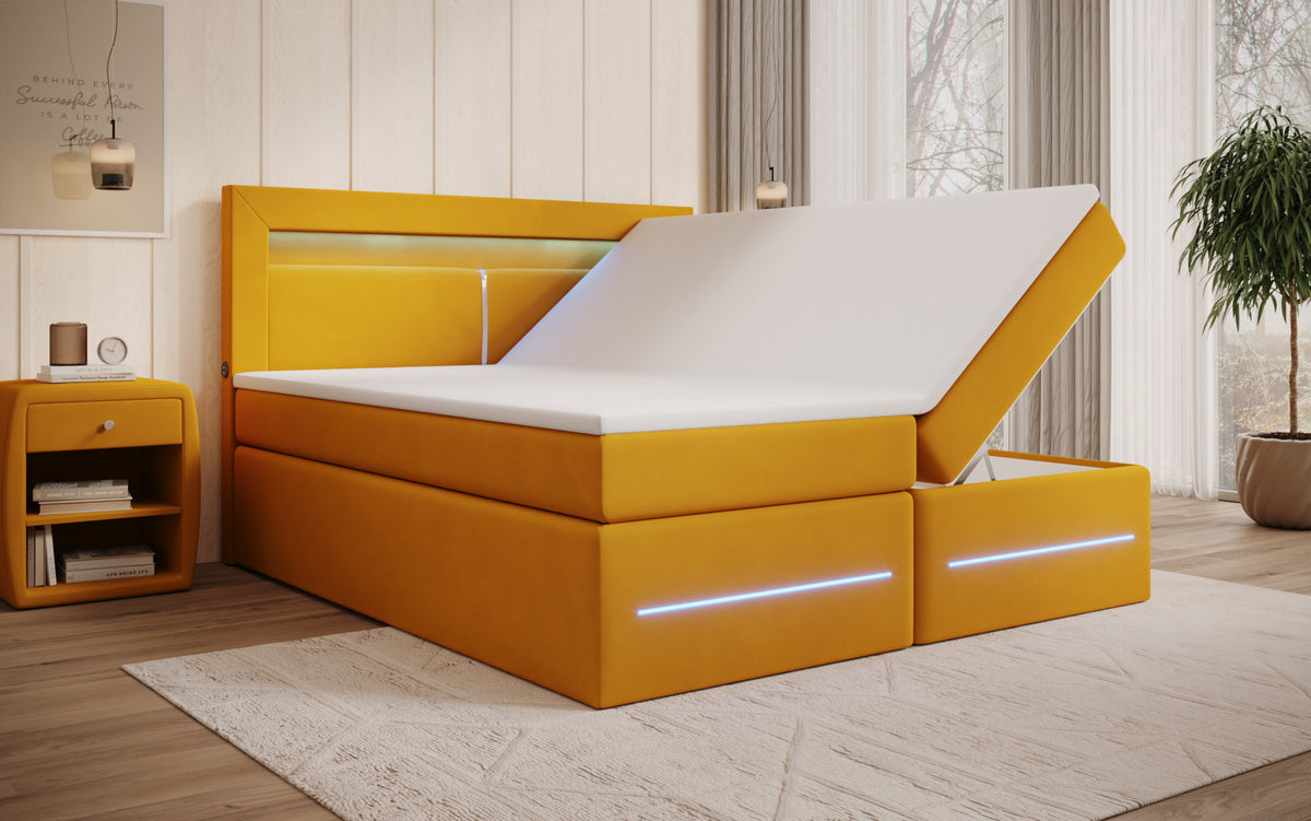 Boxspringbett Minera mat LED, USB an Späicherplatz