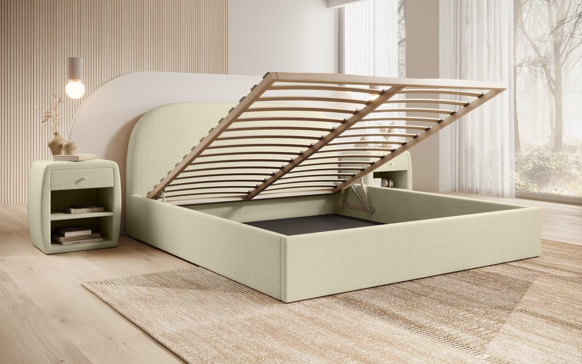 Designer Polsterbett Lorelei in Bouclé mit Stauraum