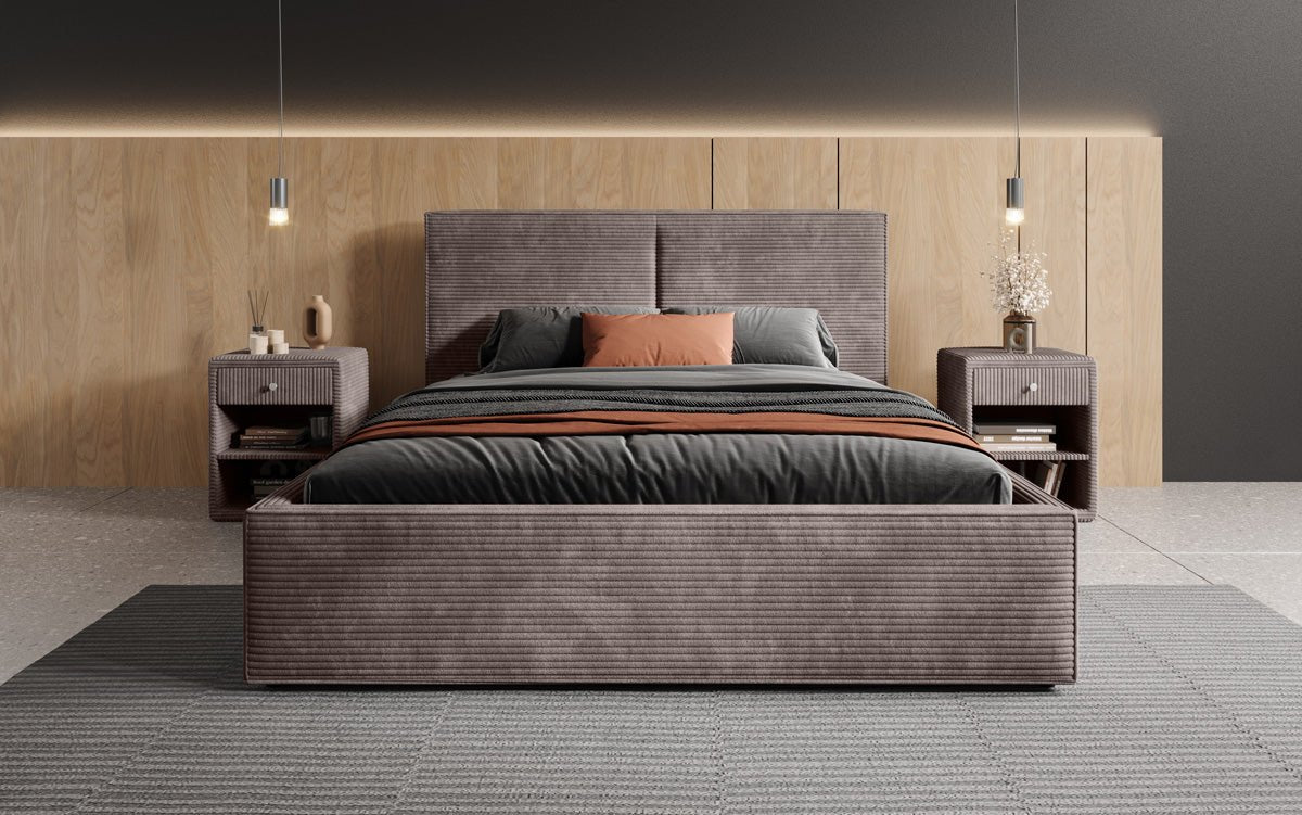 Designer Polsterbett Elara aus Cord mat Stauraum