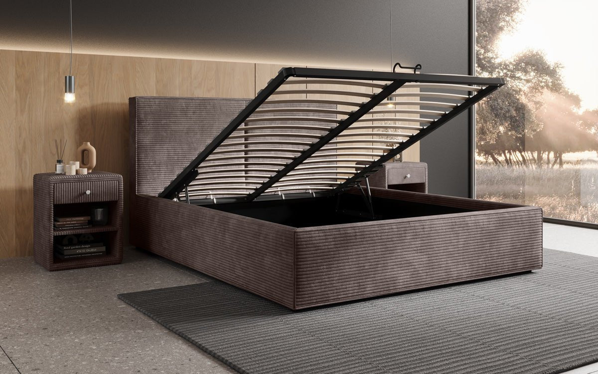 Designer Polsterbett Elara aus Cord mat Stauraum