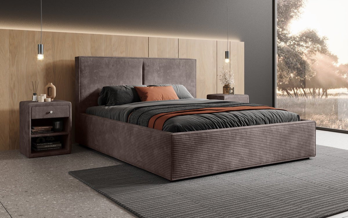 Designer Polsterbett Elara aus Cord mat Stauraum