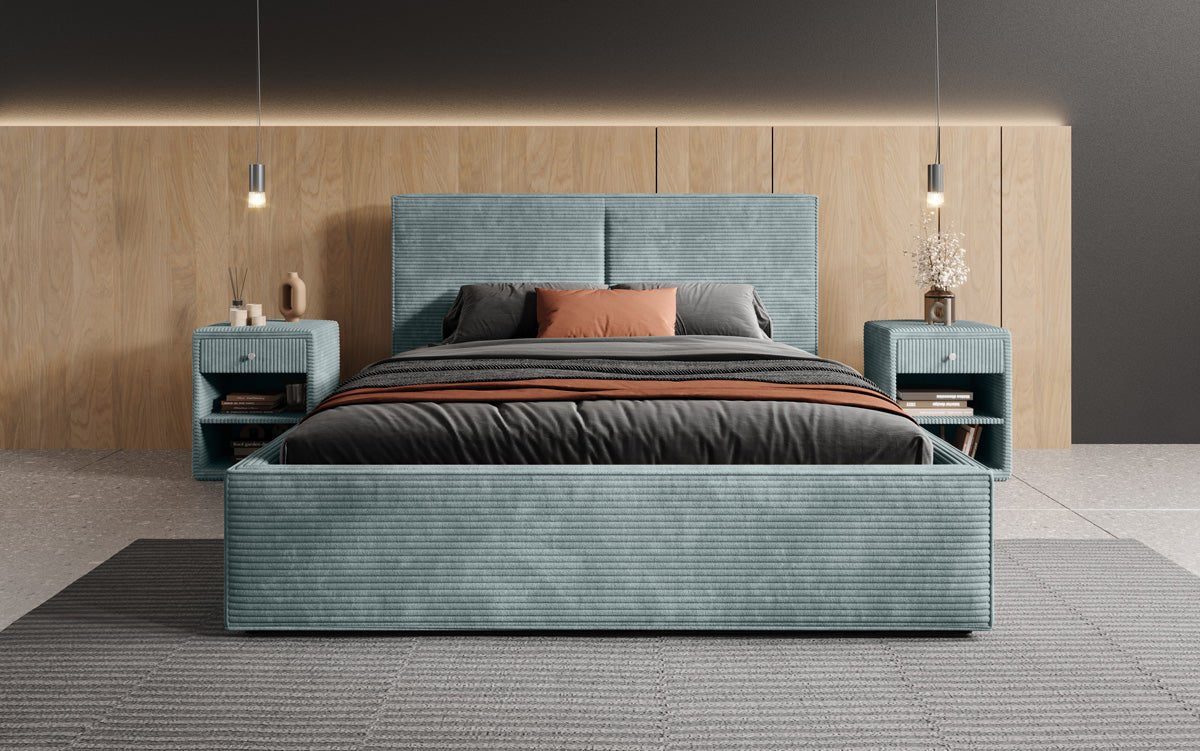 Designer Polsterbett Elara aus Cord mat Stauraum
