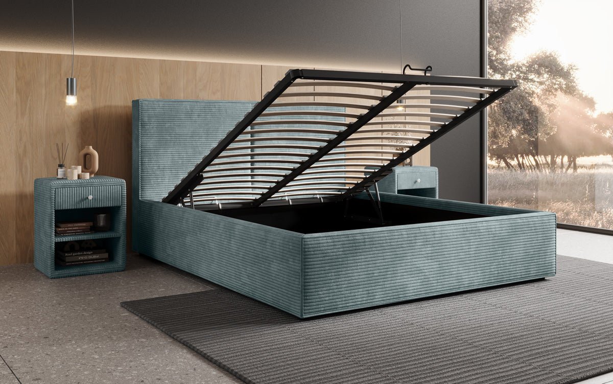 Designer Polsterbett Elara aus Cord mat Stauraum