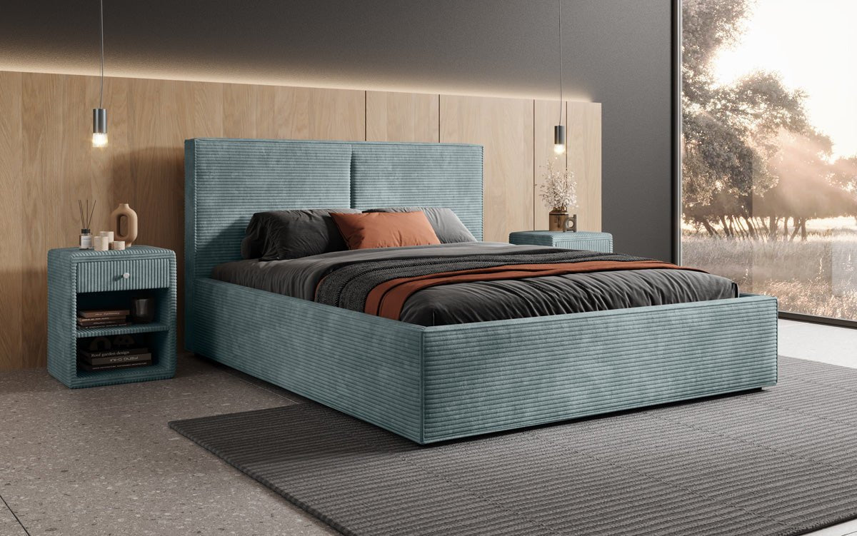 Designer Polsterbett Elara aus Cord mat Stauraum