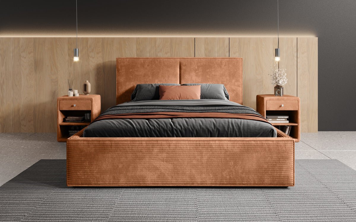 Designer Polsterbett Elara aus Cord mat Stauraum