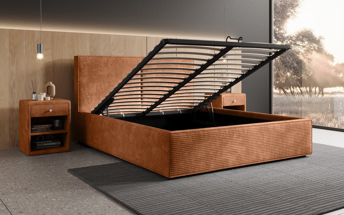 Designer Polsterbett Elara aus Cord mat Stauraum