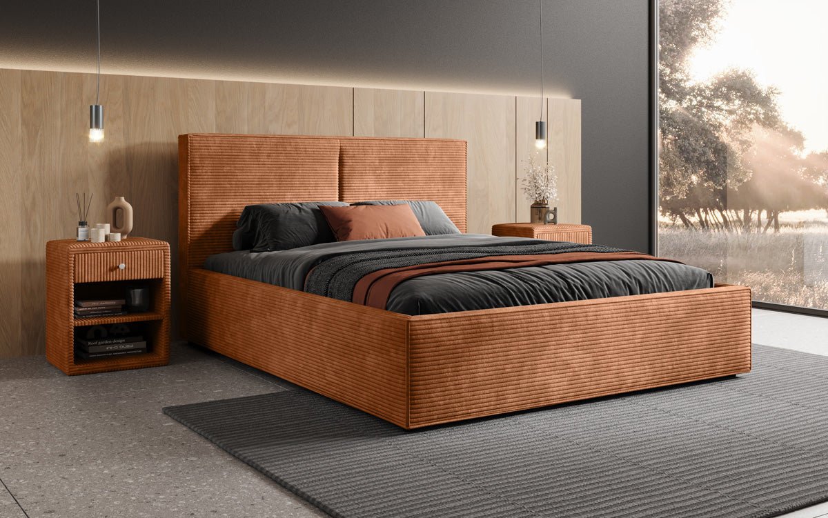 Designer Polsterbett Elara aus Cord mat Stauraum