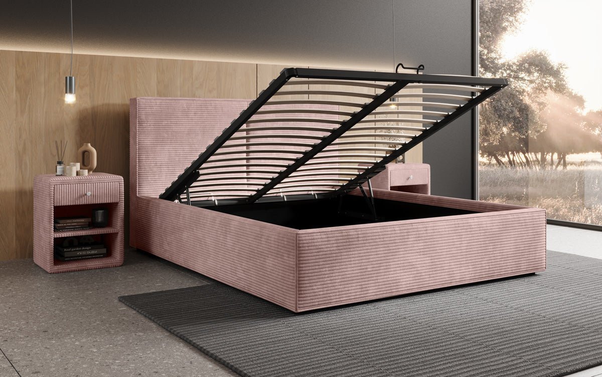 Designer Polsterbett Elara aus Cord mat Stauraum