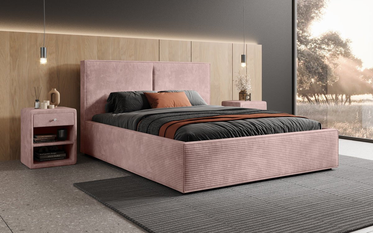 Designer Polsterbett Elara aus Cord mat Stauraum