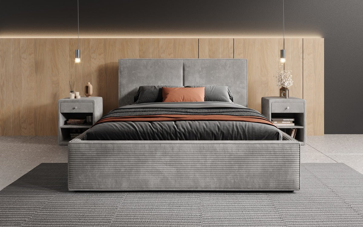 Designer Polsterbett Elara aus Cord mat Stauraum
