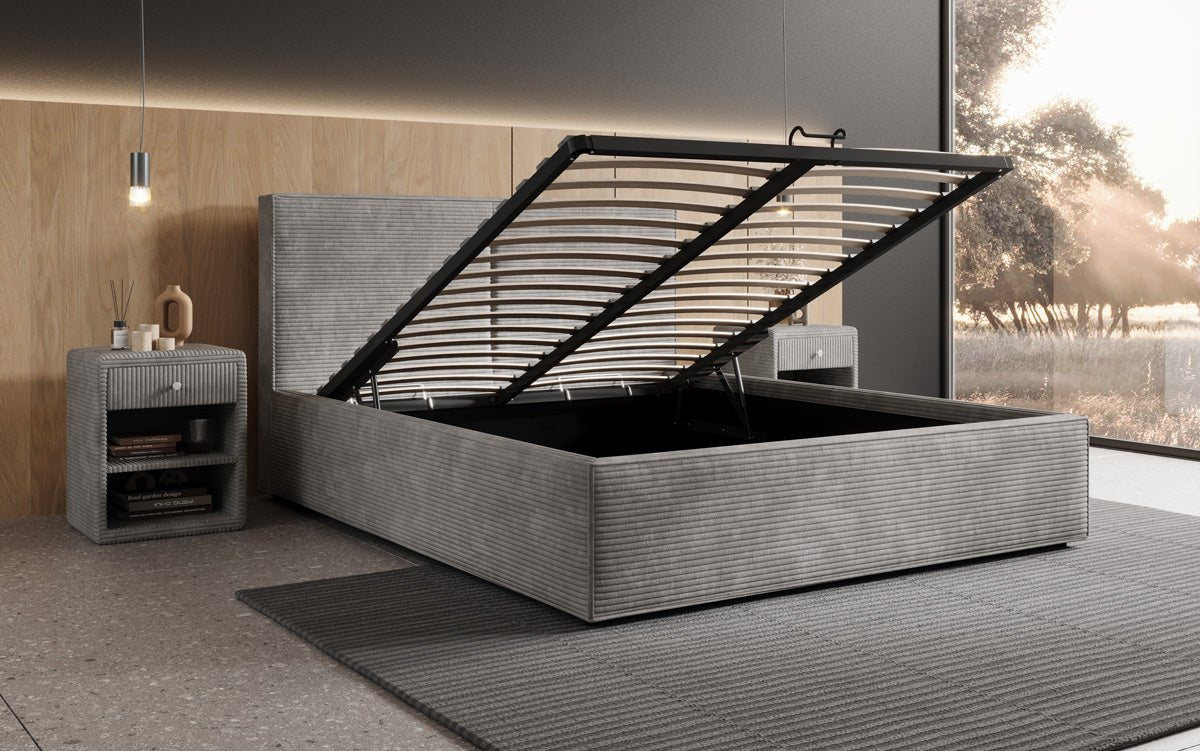 Designer Polsterbett Elara aus Cord mat Stauraum