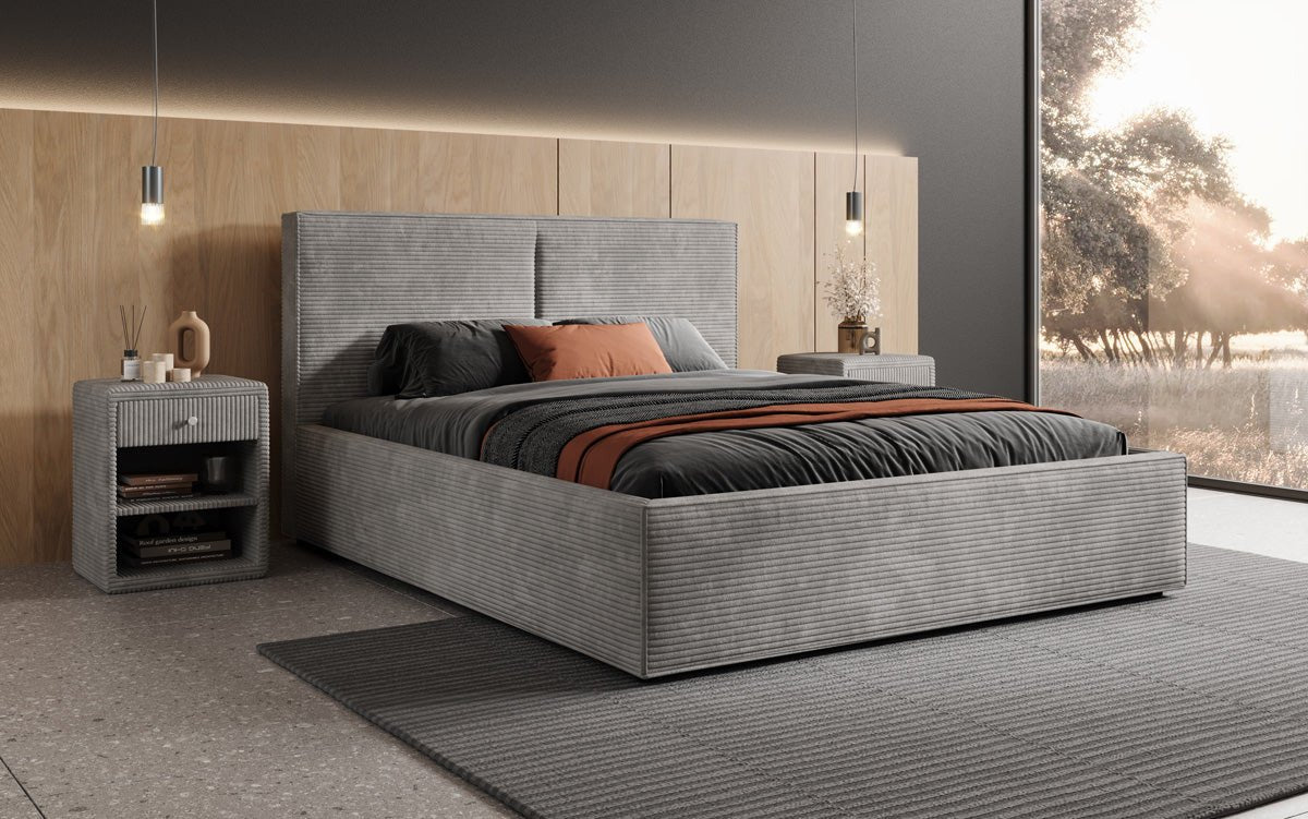 Designer Polsterbett Elara aus Cord mat Stauraum