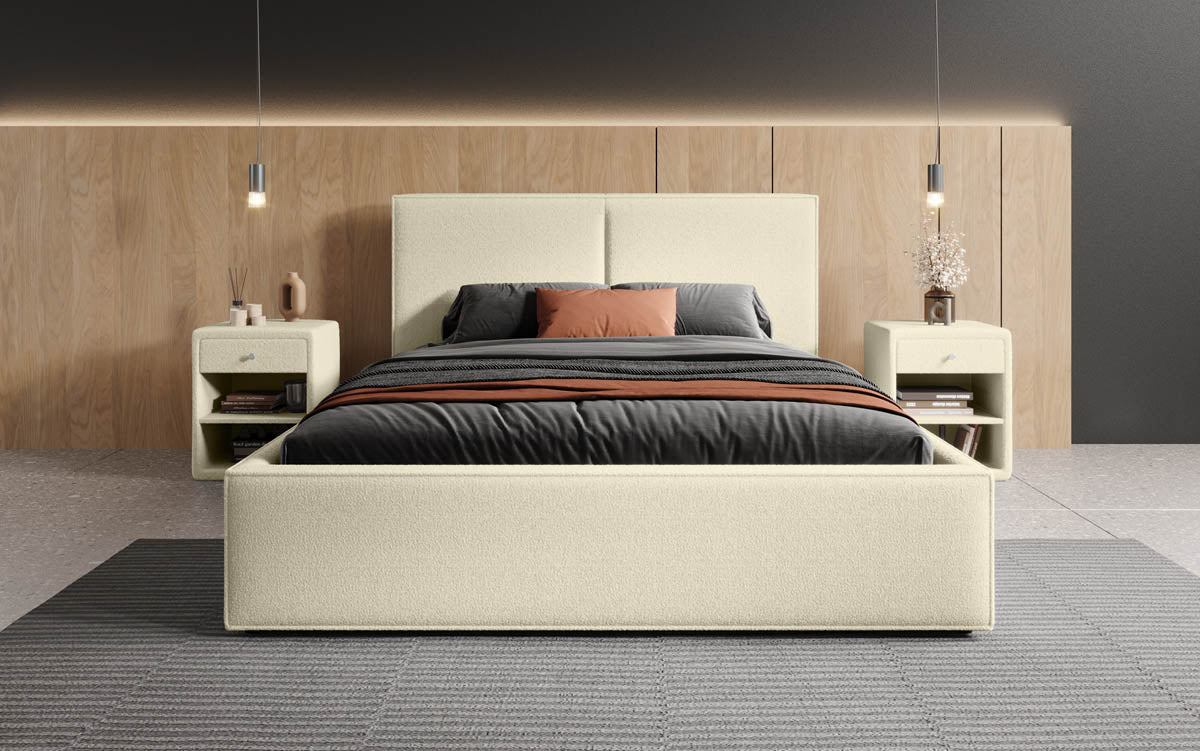 Designer Polsterbett Elara in Bouclé mit Stauraum