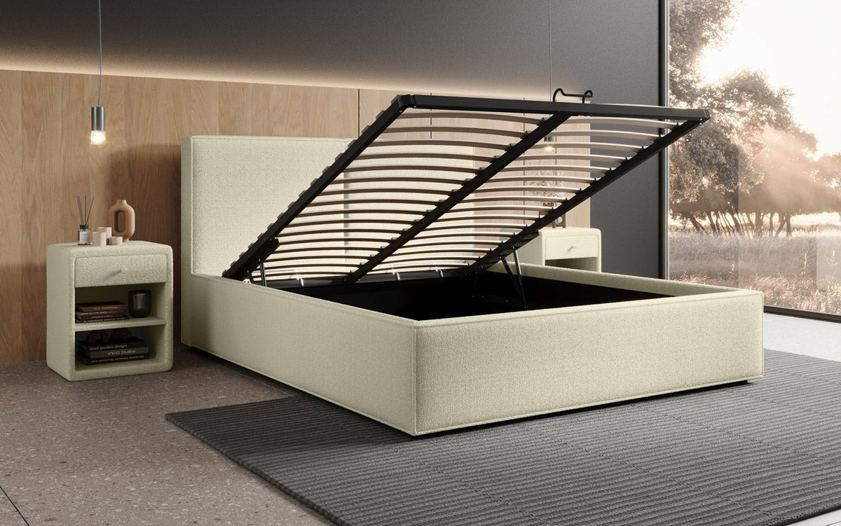 Designer Polsterbett Elara in Bouclé mit Stauraum