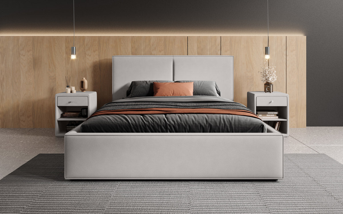 Designer Polsterbett Elara aus Stoff mat Stauraum