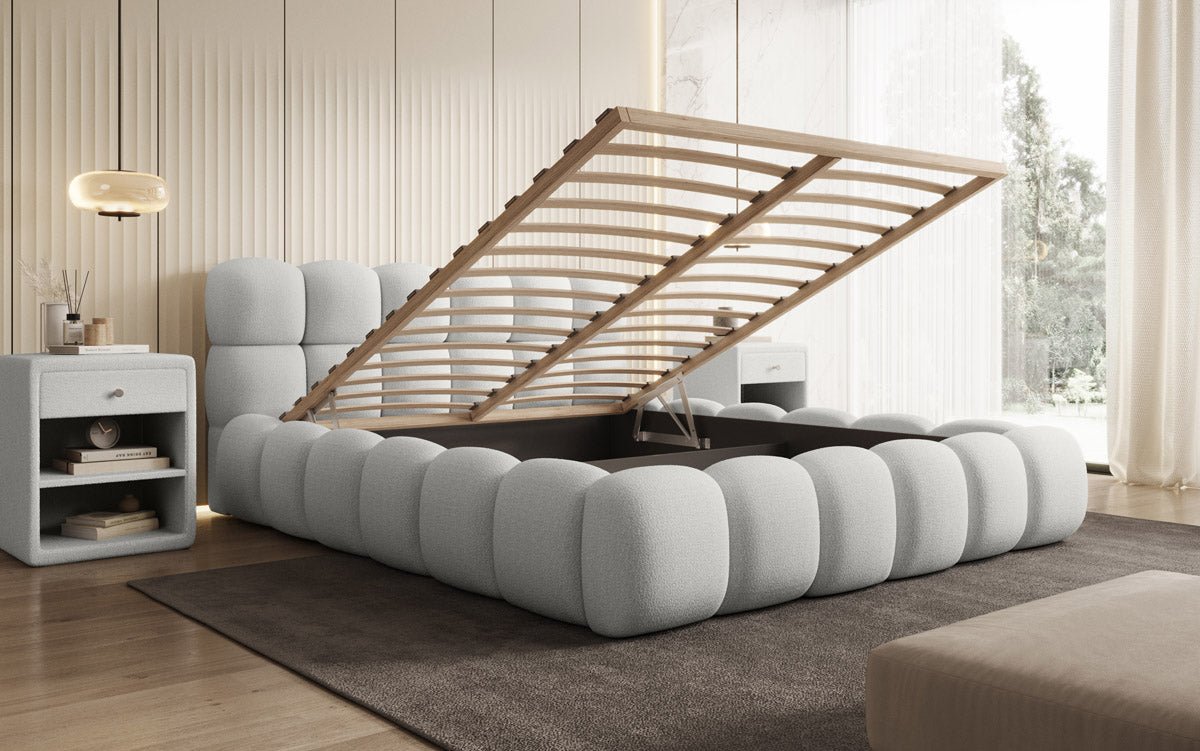 Designer Polsterbett Boston Bouclé mat Stauraum