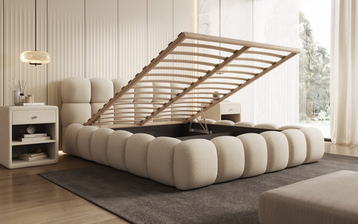 Designer Polsterbett Boston Bouclé mat Stauraum